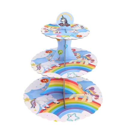 Etajera pentru Prajituri, Cyrax, din Carton, 3 Nivele, 16/22/29 cm Diametru, Inaltime 38 cm, Tema Unicorni, Multicolor