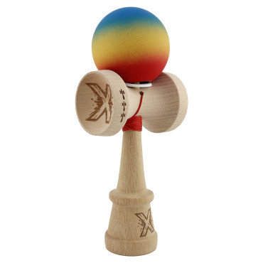 Kendama X Originala, Profesionala, Cyrax, Cupe Mari KING SIZE V3, Rubber Grip, Gaura in Baza, Rulment Metalic, din lemn 18 cm, Ata 62/65 cm, Gradient Albastru/Galben/Rosu