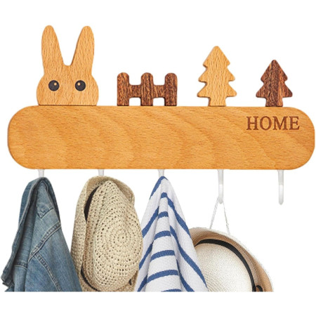 Suport pentru Chei,  din Lemn, Aplicare fara Perforare, Adeziv Inclus, 5 Carlige Albe, Model Iepure, Greutate Suportata 5 kg, 13.5 x 22 cm, Maro