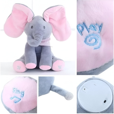 Jucarie Interactiva pentru Copii, Cyrax, Elefantel Peek-a-boo, Muzica, Misca Urechile, Alimentare cu Baterii, 30 cm, Roz-Gri