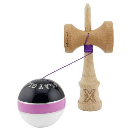 Kendama X ROYAL SPIKE Originala, Profesionala, Cyrax, Big Cups V2, Super Sticky cu Cupe Mari, Rulment Metalic, din lemn 18 cm, Ata 55 cm, Negru/Roz Silver/Alb