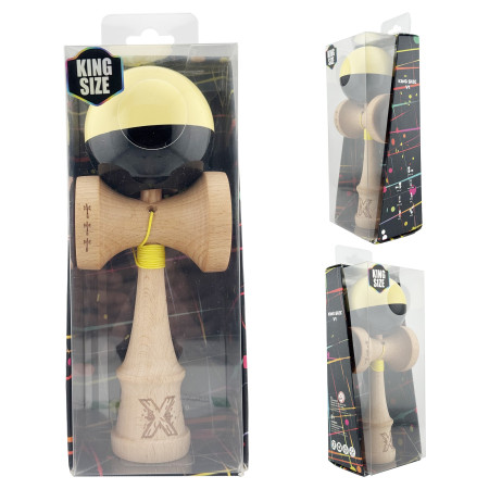 Kendama X Originala, Profesionala, Cyrax, Big Cups V2, Super Sticky cu Cupe Mari, Rulment Metalic, din lemn 18 cm, Ata 55 cm, Galben/Negru