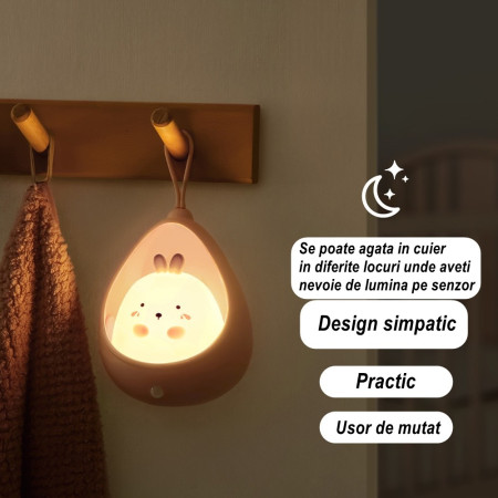 Lampa de veghe portabila cu 2 moduri de functionare  silicon non-toxic, reincarcabila USB, senzor miscare, alb, iepuras