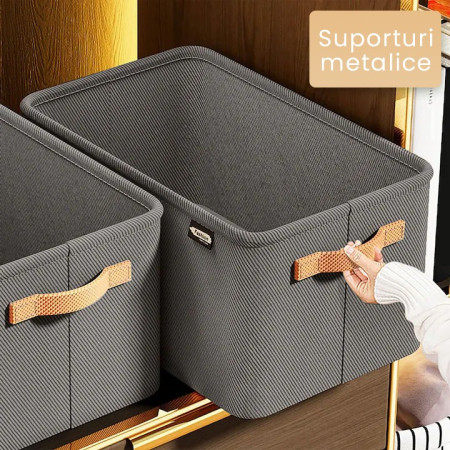 Cutie Depozitare  pentru Haine, lucruri, din Textil cu Cadru Metalic, Manere Laterale, forma Dreptunghiulara, 35 x 25 x 22cm, volum 19 L, Gri