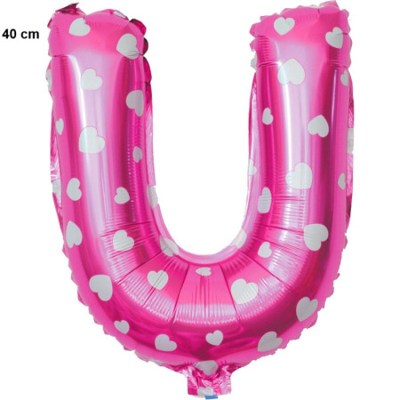 Balon Folie Metalizata Litera U, Cyrax, 40 cm, Cu Imprimeu Inimioare, Umflati cu Heliu sau Aer, Ambalaj Individual, Pai inclus, Roz