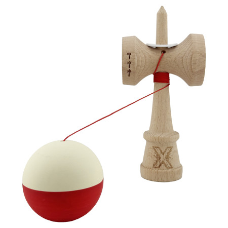 Kendama X Originala, Profesionala, Cyrax, Rubber Grip, Cupe Mari KING SIZE V3, Gaura in Baza, Rulment Metalic, din lemn 18 cm, Ata 62/65 cm, Bicolor Galben/Rosu