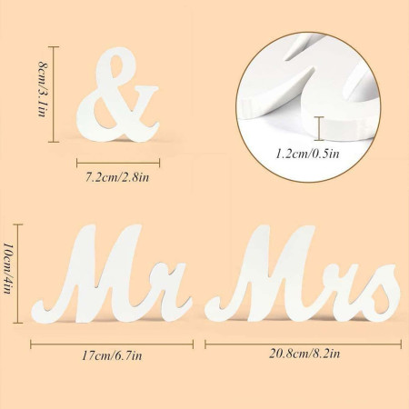 Decor pentru Masa, Cyrax, Model Mr&Mrs, Tematica Nunta, 10x20 cm, Alb
