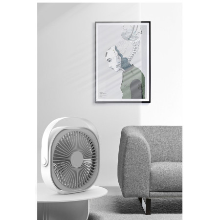 Mini ventilator pentru birou cu usb,  rotire 360 grade, 3 viteze, 1500 mA, 13.5 x 12,8, Alb
