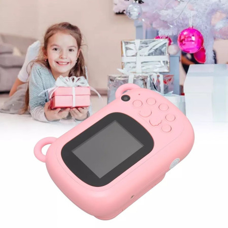 Camera Instantanee pentru Copii, Cyrax, Camera Frontala + Selfie, cu Functie de Printare, Cablu USB-C, Bluetooth, Compatibil iOS/Android, Imprimare APP, Model Iepure Love, Roz