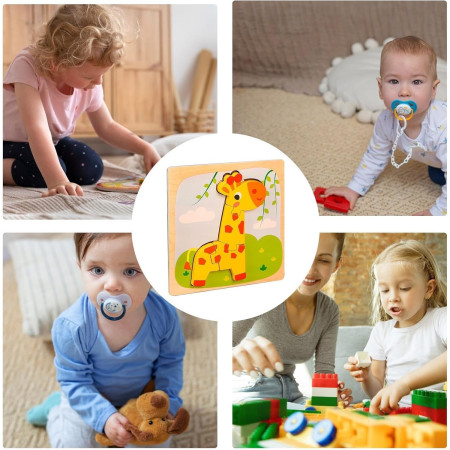 Puzzle Montessori din Lemn pentru Copii, Cyrax, 3D, 0-3 Ani, Model Girafa, Educativ, Intuitiv, Creativ, 4 Piese, 15x15x0.5 cm, Multicolor