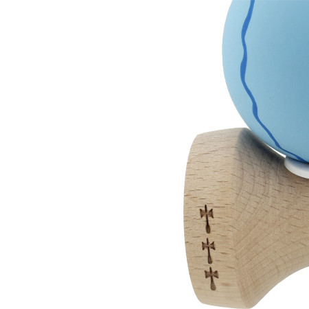 Kendama X Originala, Profesionala, Cyrax, Rubber Grip, Cupe Mari KING SIZE V3, Gaura in Baza, Rulment Metalic, din lemn 18 cm, Ata 62/65 cm, Special Albastru deschis