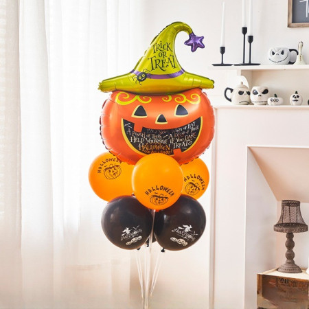 Set 5 Baloane din Folie Metalizata, Cyrax, Figurine, Tema Halloween, Pai Inclus, Ambalaj Individual, Umflare cu Aer sau Heliu, Figurina Dovleac 54x87 cm, Stelute si Cerculete 45 cm, Multicolor