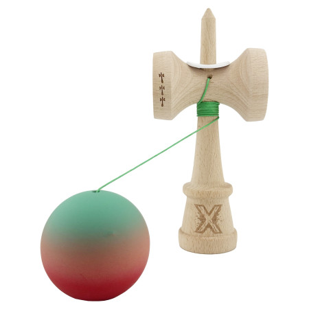 Kendama X Originala, Profesionala, Cyrax, Cupe Mari KING SIZE V3, Rubber Grip, Gaura in Baza, Rulment Metalic, din lemn 18 cm, Ata 62/65 cm, Gradient Verde/Roz/Rosu