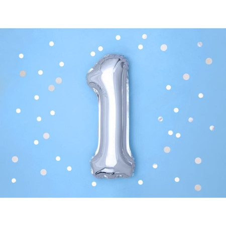 Balon din Folie Metalizata, Cyrax, Figurina Cifra, Tema Aniversare 100 cm, Ambalaj Individual, Pai inclus, Umflare cu Aer sau Heliu, Argintiu, Cifra 1