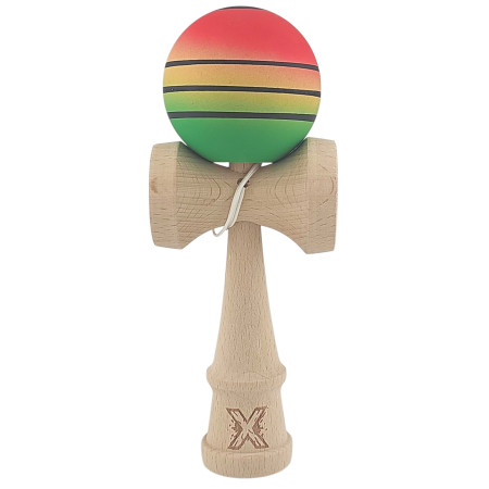 Kendama X Originala, Profesionala, Cyrax, din Lemn, Rubber Grip, 18 cm, Rosu/Galben/Verde