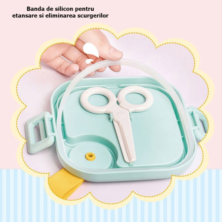 Caserola pentru copii Cyrax, lunch box, 750 ml, doua boluri, lingura, foarfeca din plastic, rezistenta la scurgeri, Albastra