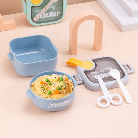 Caserola pentru copii Cyrax, lunch box, 750 ml, doua boluri, lingura, foarfeca din plastic, rezistenta la scurgeri, Albastra
