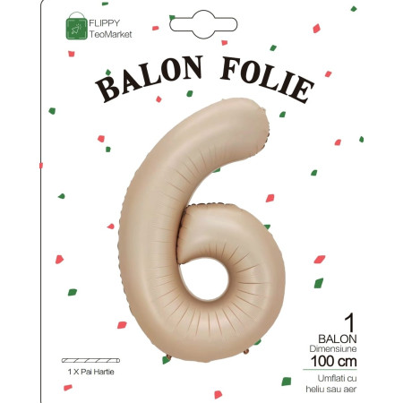 Balon din Folie Metalizata, Cyrax, Figurina Cifra, Model 6, Tema Aniversare 100 cm, Ambalaj Individual, Pai Inclus, Umflare cu Aer sau Heliu, Crem
