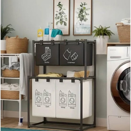 Cos de Rufe,  cu 2 Etaje, 4 Cosuri, Cadru de Otel Inoxidabil, 97x44x57 cm, Negru