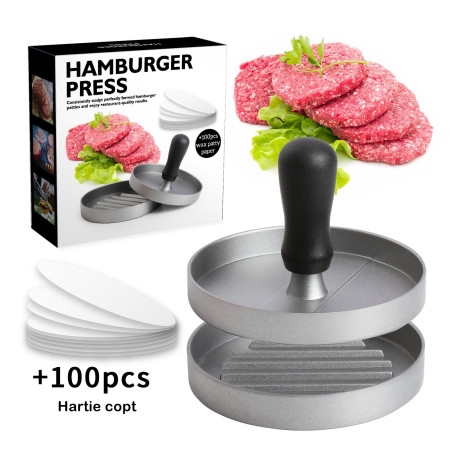 Presa manuala pentru burgeri Cyrax, material ABS si aluminiu, forma si presa, usor de curatat si folosit, 11.7 x 8.5 cm, gri