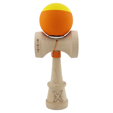 Kendama X Originala, Profesionala, Cyrax, Rubber Grip, Cupe Mari KING SIZE V3, Gaura in Baza, Rulment Metalic, din lemn 18 cm, Ata 62/65 cm, Bicolor Galben/Portocaliu