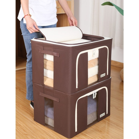 Cutie de Depozitare Pliabila,  Cu Fereastra si Fermoar Dublu, 66 L, Textil Premium, 50x40x33 cm, Cadru Metalic, Impermeabila, Maro