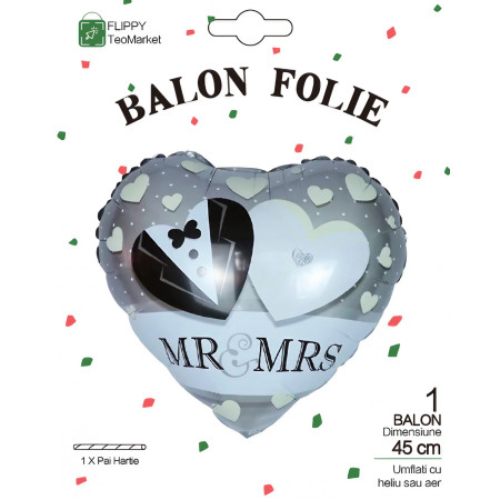 Balon din Folie Metalizata, Cyrax, Figurina Inima, Model Mr&Mrs, Tema Nunta, 45 cm, Ambalaj Individual, Pai Inclus, Umflare cu Aer sau Heliu, Gri