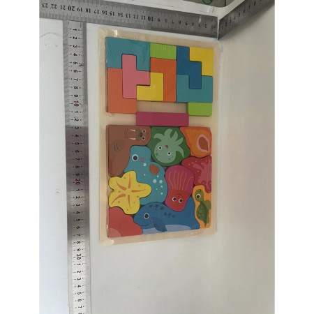 Puzzle Montessori din Lemn pentru Copii, Cyrax, Tip Tetris 2in1 +3 Ani, cu Animale Marine Colorate 3D, Educativ, Intuitiv, Creativ, 21 de Piese, 28.5x17x1.2 cm, Multicolor