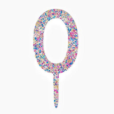 Decoratiune Topper pentru Tort, Cyrax, din Acrilic cu Fulgi de Sclipici, Model Cifra 0, Inaltime 18.5 cm, Transparent Multicolor