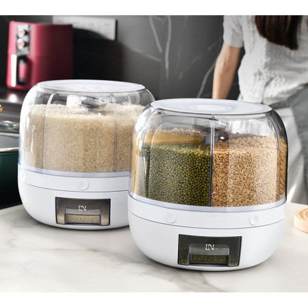 Dozator de cereale Cyrax, rotativ 360, 6 compartimente, capacitate 3 L, rezistent la umezeala, inchidere etansa, alb