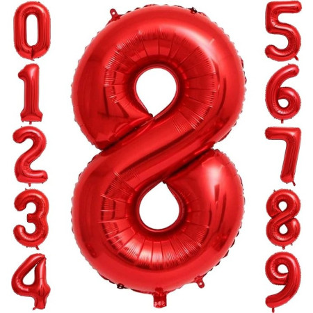 Balon din Folie Metalizata Cyrax, Figurina Cifra, Tema Aniversare 80 cm, Ambalaj Individual, Pai inclus, Umflare cu Aer sau Heliu, Rosu, Cifra 8