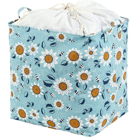 Cos depozitare,  Capac cu Snur, 175 L, Confectionat din Bumbac si un Strat Impermeabil, 50 x 50 x 70 cm, Albastru Deschis, Imprimeu Flori