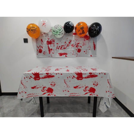 Fata de Masa, Cyrax, din Folie, Imprimeu Halloween - Help Me, 137 x 183 cm, Alb/Rosu
