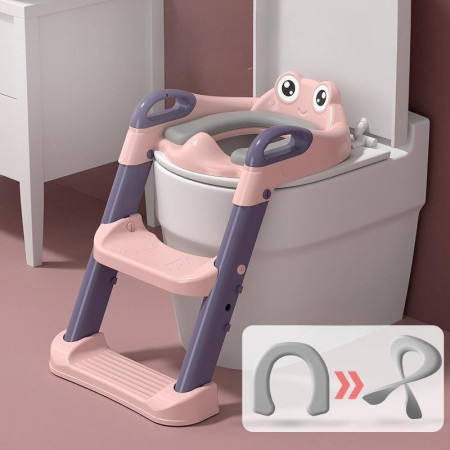 Reductor si Scaunel Inaltator WC, Cyrax, pentru Copii 1 - 7 Ani, 2 Trepte Reglabile, Pliabil, Colac Moale, cu Spatar si Manere, Inaltime 54/58 cm x 39.5 x 35 cm, din Plastic+PVC, Roz/Mov
