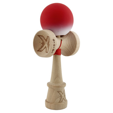 Kendama X Originala, Profesionala, Cyrax, Cupe Mari KING SIZE V3, Rubber Grip, Gaura in Baza, Rulment Metalic, din lemn 18 cm, Ata 62/65 cm, Gradient Rosu/Alb