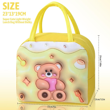 Geantă Frigorifică, Cyrax, cu Desene Animate 3D, Portabilă pentru Copii, de Prânz, din Pânză Oxford, 23x13x19 cm, Model Ursulet, Galben