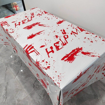 Fata de Masa, Cyrax, din Folie, Imprimeu Halloween - Help Me, 137 x 274 cm, Alb/Rosu