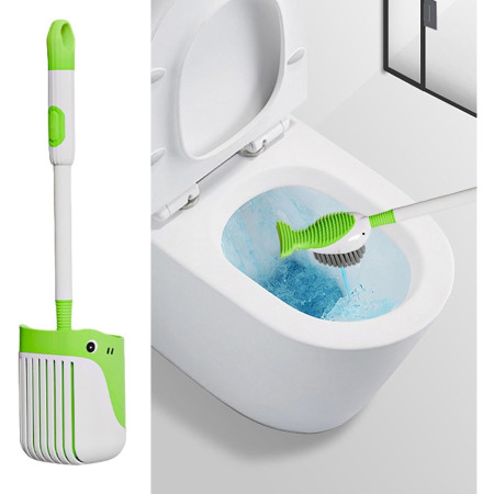 Perie de Toaleta,  cu Suport de Perete, Recipient Detergent, 2 Tipuri de Perii, Model Balena, Verde