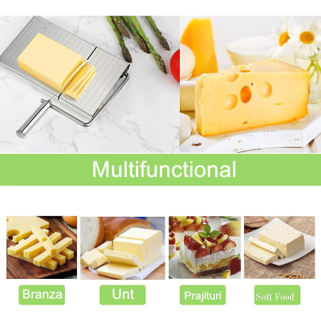 Feliator manual Cyrax, pentru cascaval, salam, prajituri, unt, din otel inoxidabil, usor de curatat si utilizat, 5 lame de schimb incluse, picioare antiderapante, 21 x 12.2 x 2.8 cm, argintiu