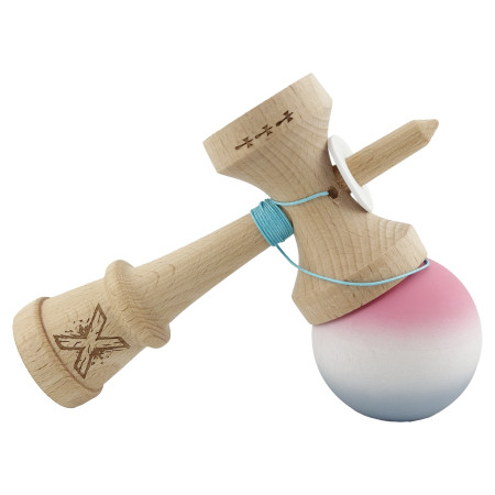 Kendama X Originala, Profesionala, Cyrax, Rubber Grip, Cupe Mari KING SIZE V3, Gaura in Baza, Rulment Metalic, din lemn 18 cm, Ata 62/65 cm, Gradient Roz/Alb/Gri