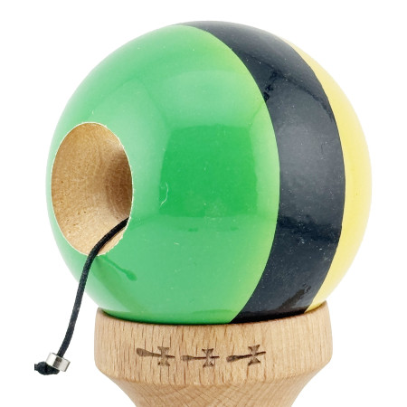 Kendama X Originala, Profesionala, Cyrax, Big Cups V2, Super Sticky cu Cupe Mari, Rulment Metalic, din lemn 18 cm, Ata 55 cm, Galben/Negru/Verde