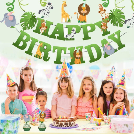Banner Happy Birthday 100x200 cm, Cyrax, Rola de Ata Inclusa, Tematica Jungle, Verde
