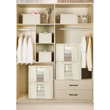 Cutie de Depozitare Pliabila,  Cu Fereastra si Fermoar Dublu, 66 L, Textil Premium, 50x40x33 cm, Cadru Metalic, Impermeabila, Alb Texturat