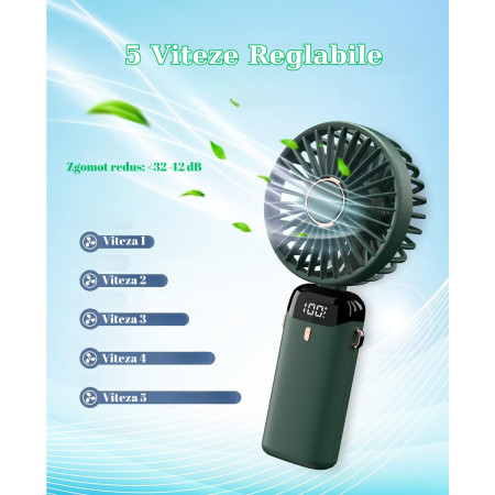 Ventilator Ultra Portabil cu Aromaterapie,  3 in 1, de Mana, de Birou, de Gat, 5 Trepte de Viteza, Incarcare USB, Autonomie 12h, Pliabil, cu Ecran LCD, Verde