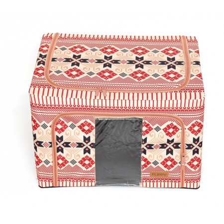 Cutie de Depozitare Pliabila, 100 L din Bumbac si In, 60X42X40 cm, Fereastra Frontala, 2 Usi de Acces cu Fermoar Bidirectional, Cadru Metalic, Suport Baza Stabil din Plastic, Motiv Traditional Model 1