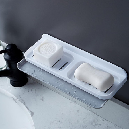 Savoniera Dubla,  de Perete, cu Compartiment de Scurgere, Montare prin Lipire, 26 x 8 x 4 cm, Alb/Gri