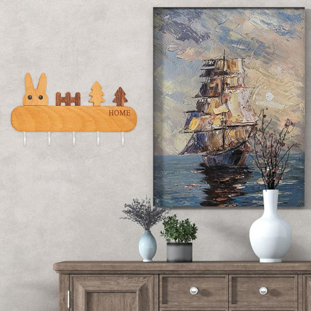 Suport pentru Chei,  din Lemn, Aplicare fara Perforare, Adeziv Inclus, 5 Carlige Albe, Model Iepure, Greutate Suportata 5 kg, 13.5 x 22 cm, Maro