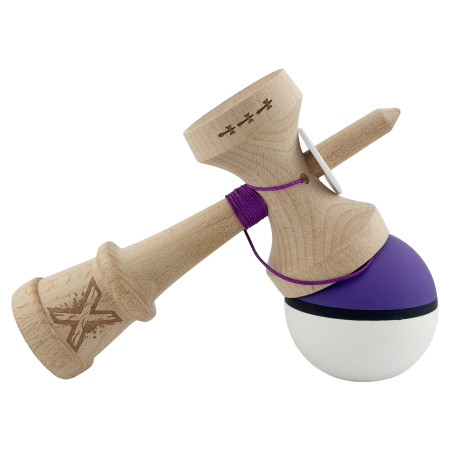 Kendama X Originala, Profesionala, Cyrax, Cupe Mari KING SIZE V3, Rubber Grip, Gaura in Baza, Rulment Metalic, din lemn 18 cm, Ata 62/65 cm, S Bicolor Mov/Alb