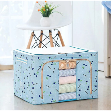 Cutie de Depozitare Pliabila,  24 L, Panza Oxford, 40x30x20 cm, Fereastra Frontala, 2 Usi de Acces cu Fermoar Bidirectional, Cadru Metalic, Suport Baza Stabil din Plastic, Imprimeu cirese, Albastru