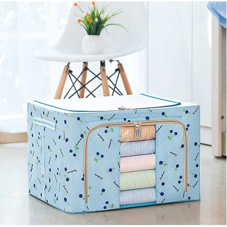 Cutie de Depozitare Pliabila,  24 L, Panza Oxford, 40x30x20 cm, Fereastra Frontala, 2 Usi de Acces cu Fermoar Bidirectional, Cadru Metalic, Suport Baza Stabil din Plastic, Imprimeu cirese, Albastru